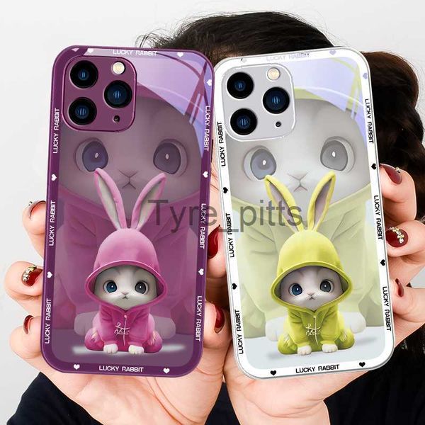 Estuches para teléfonos celulares Nuevo elemento animal de conejo de dibujos animados para Iphone 14 13 12 11 Pro Max X XS XR 7 8 Plus 2020 SE Caja de teléfono móvil de vidrio con pintura metálica x0731