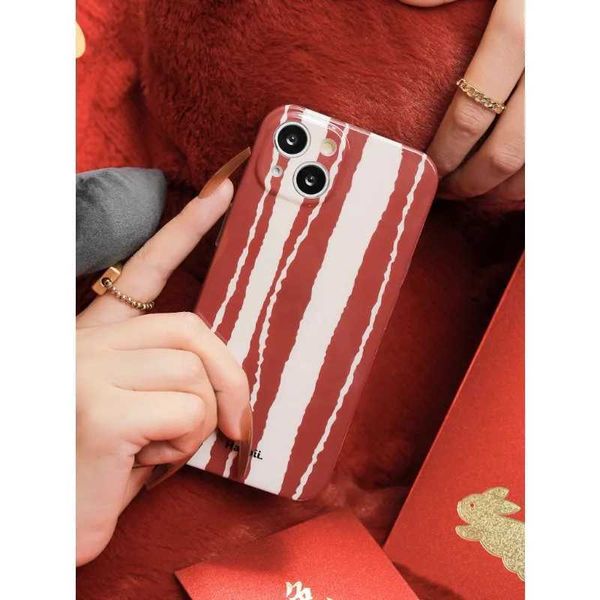 Cajas del teléfono celular Caja original del teléfono de la raya Retro Coreano Lindo Red Stripe Lattice Silicone Soft Cover para iPhone 12 13 14 Pro Max Año Nuevo J240124