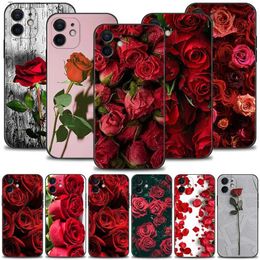 Mobiele Telefoon Gevallen Telefoon Case Voor Apple iPhone 15 14 13 12 11 Pro Max Mini XS Max XR X 7 8 Plus Zachte Cover Siliconen Shell Rode Roos FlowerL2310/16