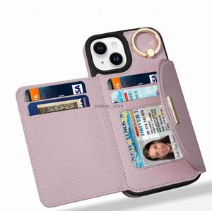 Mobiele telefoons telefoonhoesje iPhone 15 Wallet Case Flip Leather met 4 kaarthouder Ring Standstand beschermende folio -cover voor dames dames beige 6lWQ0 Q240408