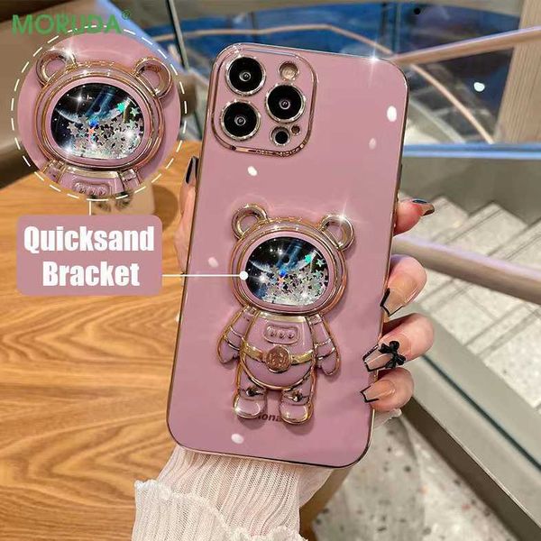 Étuis de téléphone portable Quicksand Astronaut Bracket Phone Case pour iPhone 14 Pro 11 12 13 Pro Max Mini 7 8 Plus SE XR Xs Max Glitter Bear 3D Stand Cover L230731