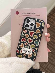 Cas de téléphone portable Rétro coréen mignon plein écran broderie amour coeur denim cowboy toile étui pour iphone 15 14 13 12 11 Pro Max couverture antichoc J240118