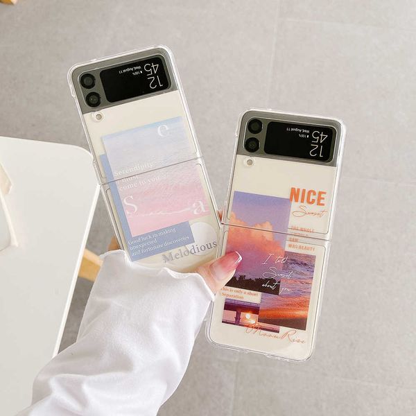 Estuches para teléfonos celulares Entorno romántico Sun Beach Patrón Estuche para teléfono para Samsung Galaxy Z Flip 4 3 5G Cubierta dura transparente para PC Z0324