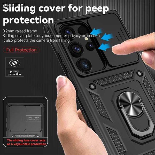 Étuis de téléphone portable Étui à fenêtre coulissante pour Samsung Galaxy S24 Ultra Case S24 Plus Ultra Cover Armor Antichoc Support en métal Protecteur de caméra YQ240221