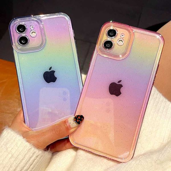 Étuis pour téléphones cellulaires Soft Laser Rainbow Silicone Téléphone étui pour iPhone 11 12 13 14 Pro Max X Xs Max XR Antichoc Transparent Pare-chocs Couverture Arrière J230421