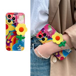 Mobiele telefoon hoesjes Zuid-Korea schattig 3D zonnebloem polsband zacht hoesje iPhone 14 13 12 11 Pro Max kleurrijke bloem polsband schokbestendige cover Funda 231026