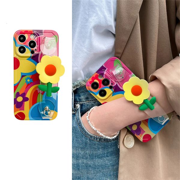 Étuis de téléphone portable Corée du Sud Mignon bracelet de tournesol 3D Étui souple iPhone 14 13 12 11 Pro Max Bracelet de fleur coloré Couverture antichoc Funda 231026