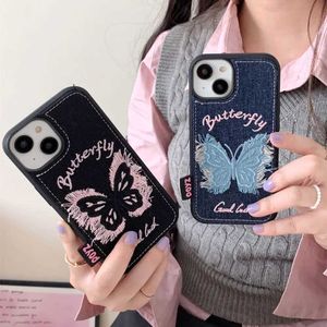 Cas de téléphone portable Broderie Buttery Butterfly Denim Fabric Téléphone pour iPhone 15 14 13 12 11 Pro MAX SILICONE Protector Cover pour iPhone 15Pro J240418