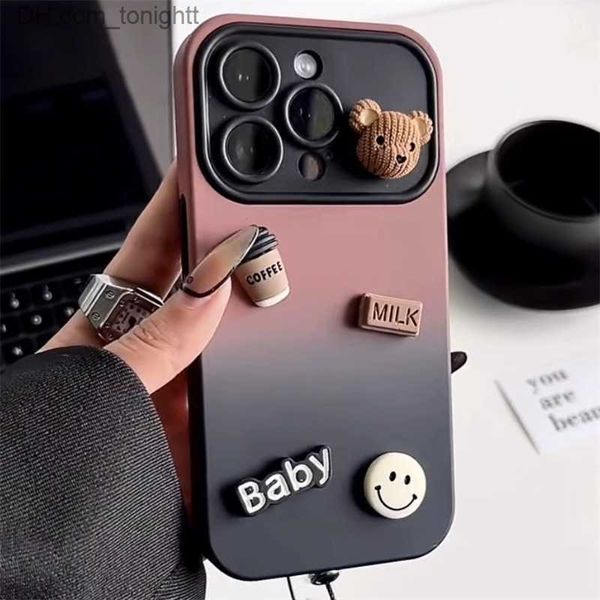 Cajas del teléfono celular adecuado para iPhone 14 caja del teléfono gradiente contraste café oso 13Promax 3D muñeca funda protectora Q230915