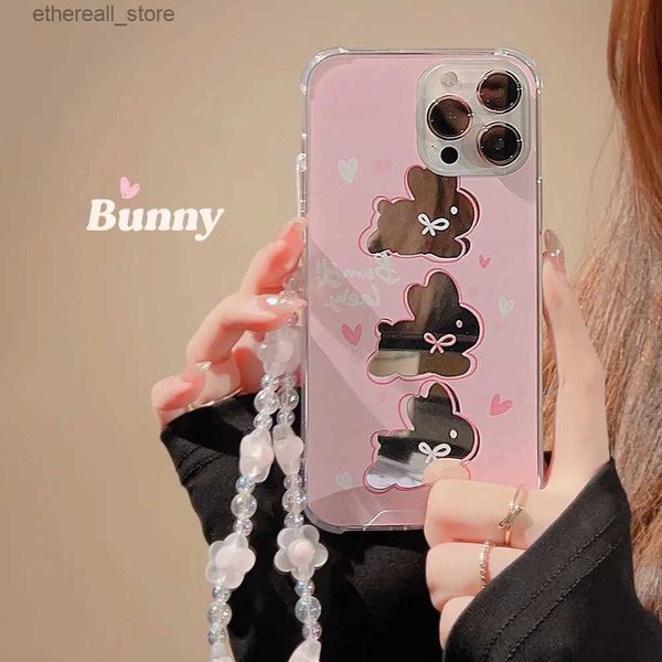 Cas de téléphone portable Trois lapins roses + fleur rose corde suspendue étui de téléphone pour iphone 14 13 12 11 Pro Max X XR XSMAX 7 8 Plus SE TPU housse Q231130