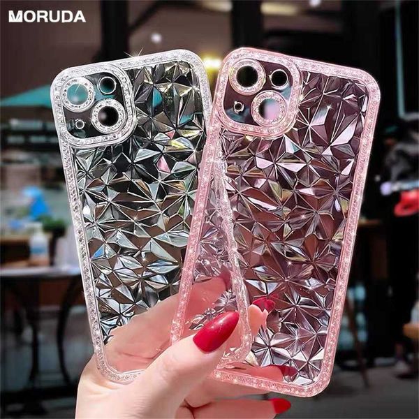 Cas de téléphone portable Transparent pour 3D Rhombic Glitter Diamond Case pour iPhone 14 Pro 13 12 Pro Max 14 Plus 11 Soft TPU Clear Shockroof Couverture arrière L230731