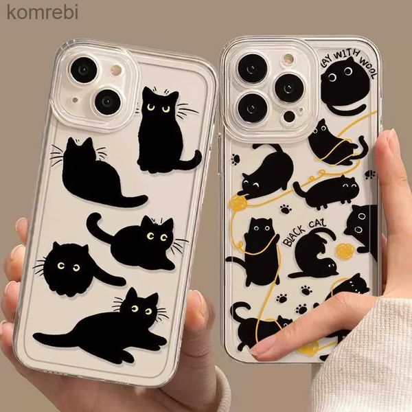 Étuis de téléphone portable Étui de téléphone transparent pour iPhone 13 15 Couverture pour 12 11 14 Pro Max 13 12Mini X XS XR SE 14 Plus Cartoon Black Cat Shells FundasL240110