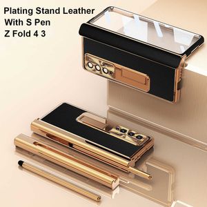 Mobiele Telefoon Gevallen Met S Pen Plating Leather Case Voor Samsung Galaxy Z Fold 4 3 5G Magnetische standaard Koolstofvezel Screen Protector Cover W221014