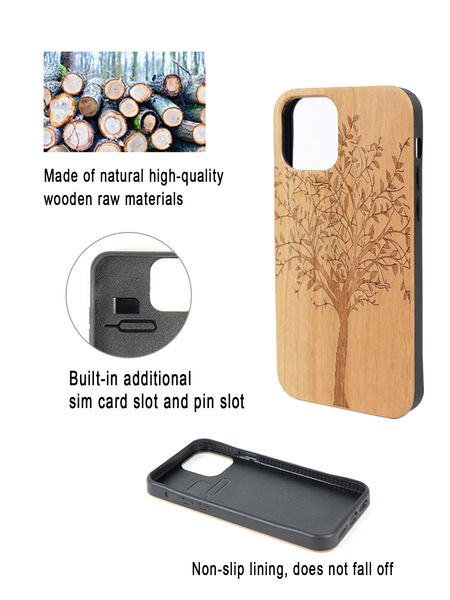 Cajas de teléfonos celulares Cajas de cubierta de teléfono popular de madera Bolsas para iPhone 11 12 13 14 Pro X XR Xs Max Plus Natural Cherry Blank Wood Ultra Slim Soft TPU Phonecase Topsale Cellphon