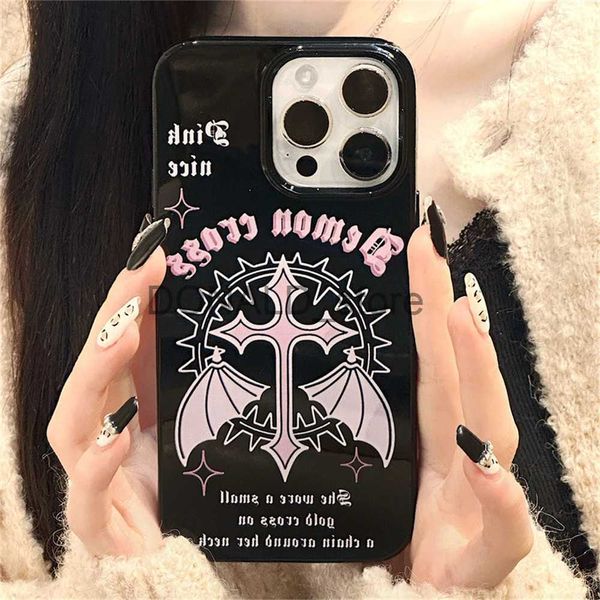 Cas de téléphone portable Y2K coréen mignon rose ailes cas pour iPhone 15 14 13 12 11 Pro Max Mini X XR 7 8 Plus SE brillant antichoc doux noir TPU couverture J240118