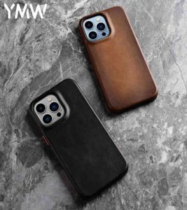 Cas de téléphone portable YMW Étui en cuir authentique fait à la main pour iPhone 13 Pro Max 12 Mini 11 Business Retro Huile Retro Wax Cow Hide Téléphone CA3540627
