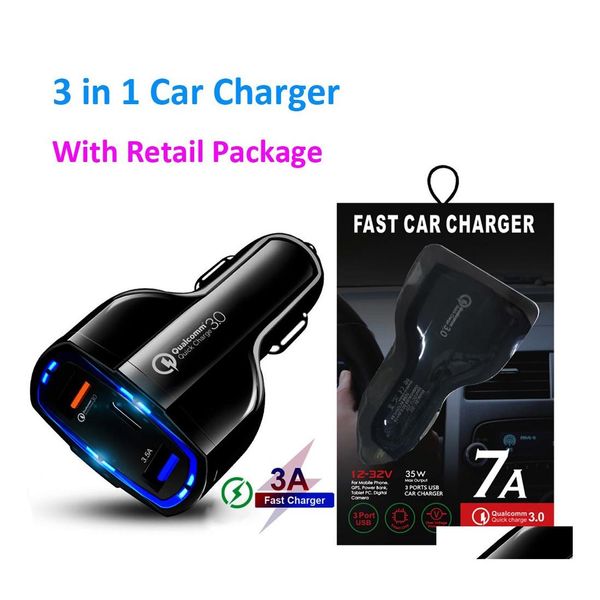 Chargeurs de téléphone portable 3 en 1 Type C Dual USB Car Charger 5A Pd Quick Charge Qc 3.0 Adaptateur de charge rapide pour Android avec Retail Drop Dhtup