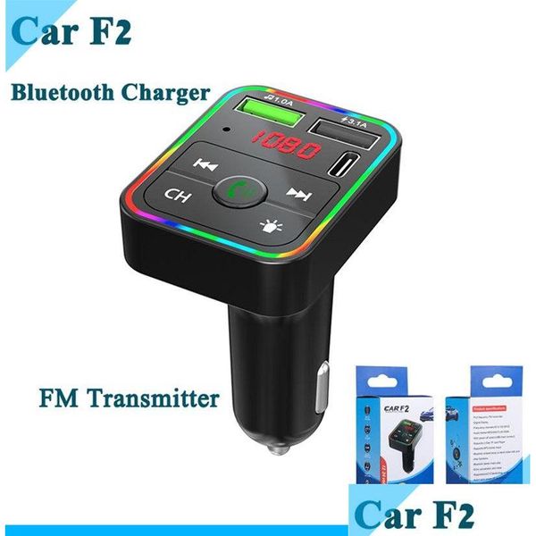 Chargeurs de téléphone portable F2 FM Car Charger BT5.0 Émetteur Double USB Charge rapide Pd Type C Ports Hands O Récepteur MP3 Player pour 15 14 1 DHJX3