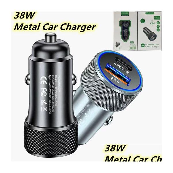 Chargeurs de téléphone portable Nouveau chargeur de voiture en métal 38W USB QC 3.0 18W et PD 20W Dual Line Simtaneous Super Fast Charge pour le smartphone Huawei DH0K5