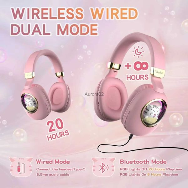 Écouteurs de téléphone portable 3,5 mm sans fil/filaire double mode mignon chat oreille filles casque rose pour l'école pour les enfants casque de jeu Bluetooth avec microphone YQ231120