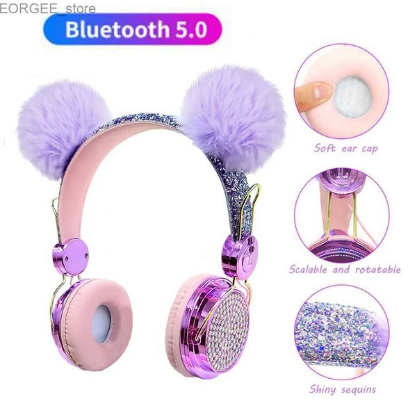 Auriculares de teléfonos celulares Bling Girl Kid Bluetooth Auriculares inalámbricos con micrófono Glitter Luxury Link Ball Ball Music Helmet Wired auriculares Regalo Y240407