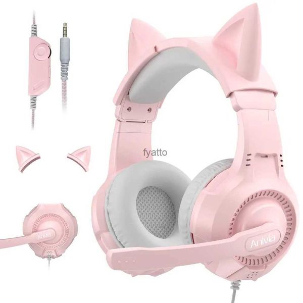 Écouteurs de téléphone portable oreille de chat fille casque avec microphone isolation phonique rose 3.5mm filaireH240311