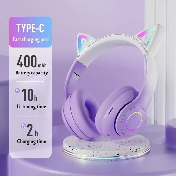 Écouteurs de téléphone portable Casque d'oreille de chat Bluetooth Casque de musique sans fil Dégradé de couleur LED avec micro Gamer Écouteur Enfants Beaux cadeaux de Noël 231117