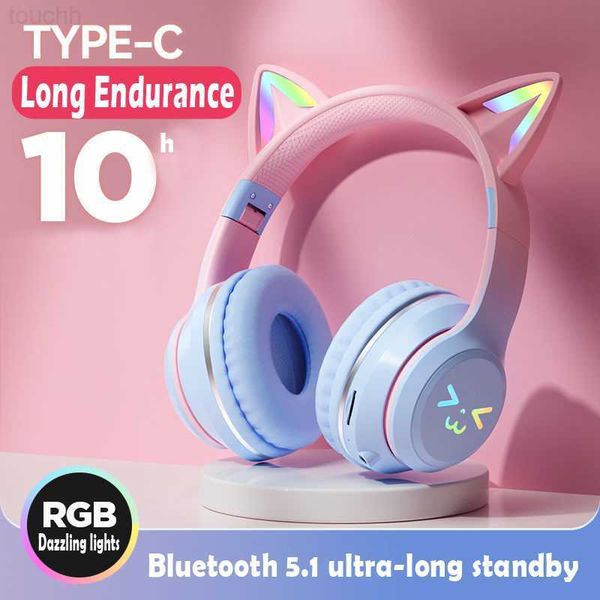 Auriculares para teléfono celular Orejas de gato Auriculares RGB Luz Sonrisa Cara TWS Auriculares Degradado Nuevos auriculares Rosa Niña Auricular Regalo Adecuado para cualquier teléfono L230914