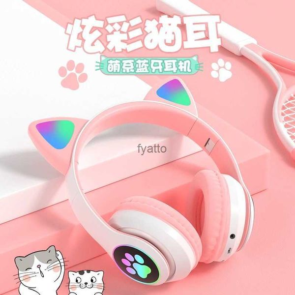 Écouteurs de téléphone portable Oreilles de chat (Pain en forme d'oreille de chat cuit à la vapeur) Casque Bluetooth émettant de la lumière Réduction du bruit Téléphone portable Jeu pliable sans fil H240312