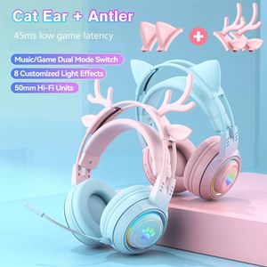 Mobiele telefoon koptelefoon schattig AntlersCat oor draadloze Bluetooth-hoofdtelefoon Gamer 3,5 mm koptelefoon gaming-headset met RGB-licht voor kinderkind jaar cadeau 231218