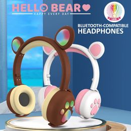 Cell Phone Earphones Cute Bear Ear Paw Headset Glowing Kids Wireless Bluetooth Compatible 5 0 Headphones Girls Earphone with Mic Children Gifts 231117