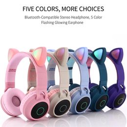 Cell Phone Earphones Cute Cat Ear Headset LED Wireless Bluetooth Compatible Headphones with Mic Glowing for Children Gifts daughters girls 231117