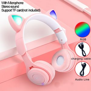 Mobiele telefoon Koptelefoon Flitslicht Leuke kat oren Draadloze hoofdtelefoon met microfoonbediening LED Kid Meisje Stereo Muziek Helm Bluetooth Headset Cadeau 221114