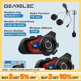 Écouteurs de téléphones portables GearElec GX8 Motorcycle Bluetooth Interphone Musique Partage 1500m 8 Rider Group Casque Communication En haut-parleur Interphone J240508