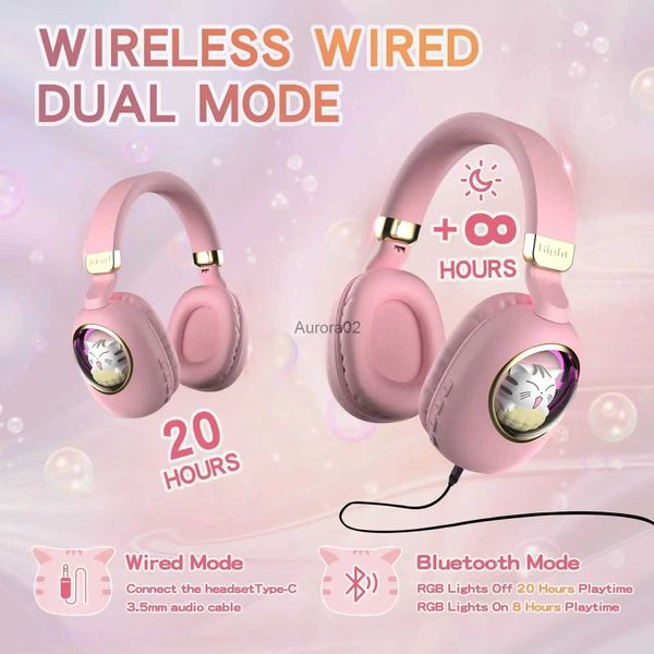 Auriculares para teléfono celular Chicas Lindo Rosa Inalámbrico con cable Modo dual Auriculares para la escuela Sobre la oreja Niños Gato Bluetooth Auriculares para juegos con micrófono Auriculares YQ231120