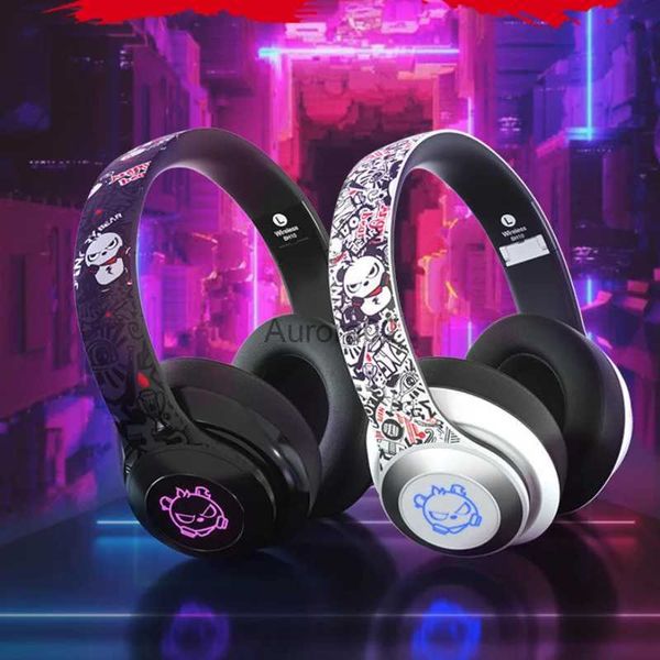 Écouteurs de téléphone portable Graffiti casque sans fil Bluetooth musique écouteur pliable lumière LED basse profonde sur l'oreille casques de jeu pour ordinateur portable PC portable YQ231120