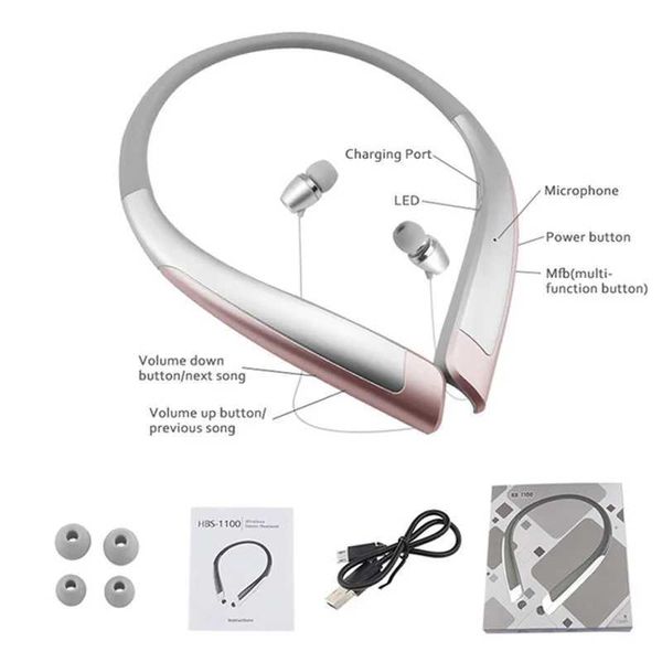 Auriculares para teléfono celular HBS-1100 Deportes Estéreo Bluetooth LG HX1100 Conjunto de cuello CSR 4.1 Reducción de ruido a prueba de agua Auriculares deportivos Empaquetado al por menor duro Q240321