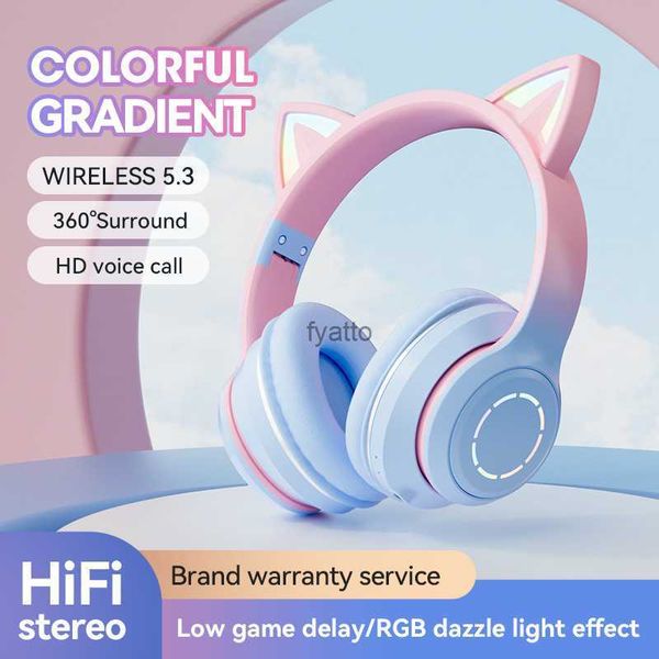 Écouteurs de téléphone portable Nouveau dégradé de couleur brillant mignon chat oreille célébrité Internet haute valeur esthétique tête portée sans fil Bluetooth écouteur universelH240312