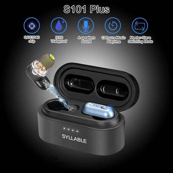 Écouteurs pour téléphone portable le plus récent SYLLABLE S101 Plus 4 son de haut-parleur TWS adapté pour BT V5.2 de la puce QCC3040 S101 Plus mode de commutation maître-esclave câble de Type C Q240321