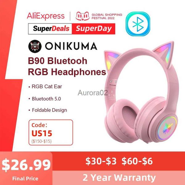 Auriculares para teléfono celular ONIKUMA B90 Auriculares Bluetooth con RGB Lindo Oreja de Gato Auriculares inalámbricos Bluetooth plegables para juegos de computadora PC Gamer YQ231120