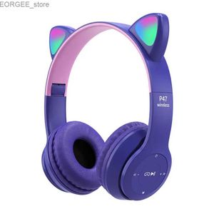 Mobiele telefoon oortelefoons P47 Kids-hoofdtelefoon met Cat Ear RGB LED Light Up opvouwbare over-ear hoofdtelefoon met AUX 3,5 mm draadloze headset Y240407