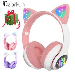 Écouteurs de téléphone portable Qearfun Flash Light Casque d'oreille de chat mignon sans fil avec micro Peut fermer LED Enfants Fille Stéréo Musique Bluetooth Casque Gamer 230731