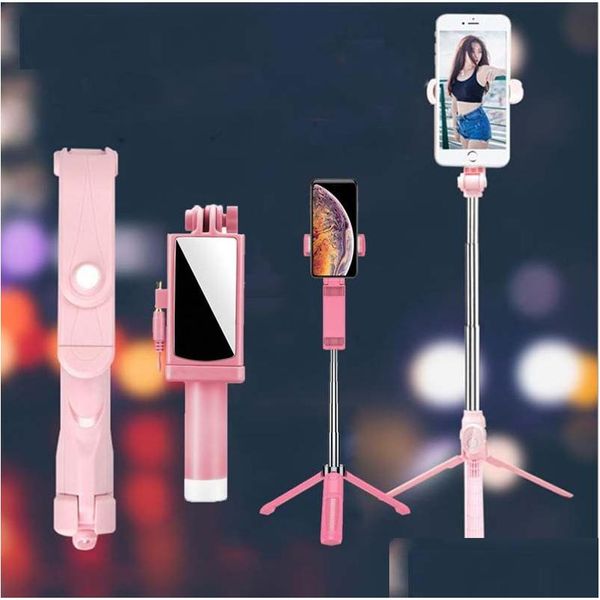 Accessoires de photographie de téléphone portable Pliable Bluetooth Selfie Live Trépied Mti-Fonction Mobile Stick Alliage d'aluminium avec ABS 3Color Dro Dhyz0