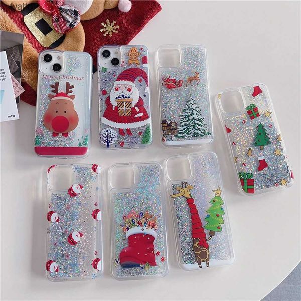 Pochettes pour téléphones portables Bling Noël Père Noël Dynamique Quicksand Cas de téléphone pour Pro Max Glitter Poudre Couverture Transparente GiftH240307