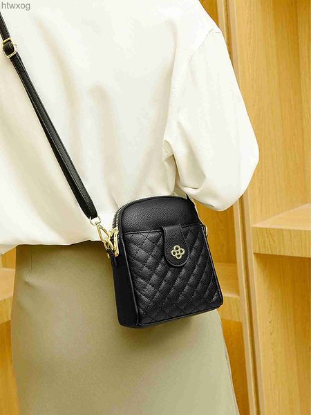 Pochettes pour téléphone portable Simple noir diamant à carreaux femmes petit sac à bandoulière double poche en cuir souple sac de téléphone portefeuille pour les femmes YQ240131