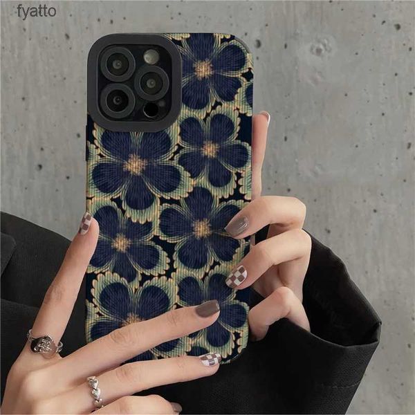 Pochettes pour téléphones portables Vintage fleurs foncées Texture en cuir coque de téléphone Pro Max Pro max couverture esthétique en Silicone souple H240307