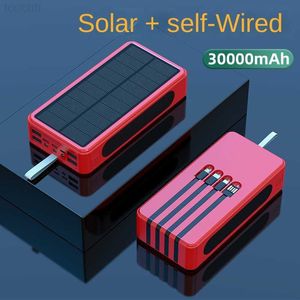 Mobiele telefoon Power Banks 30000MAH Solar Power Bank Ingebouwde kabels Solar Charger Externe lader Powerbank voor Huawei Xiaomi iPhone met LED -licht L230731