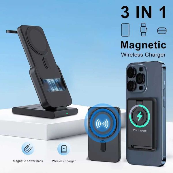 Banques d'alimentation du téléphone portable 3In1 Pack de puissance magnétique Solder de chargeur rapide sans fil 5000mAh Batterie externe auxiliaire adaptée à l'iPhone 15 14 13 Série Apple Watch J2404