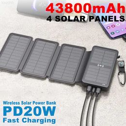 Handy-Powerbanks, 43800 mAh, kabellose Solar-Powerbank, 4 Solarpanels, PD20 W, QC3.0, integriertes 2-Ausgangskabel, Außenladegerät mit hellen Taschenlampen, L230731