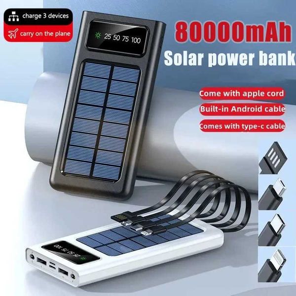 Banques électriques de téléphone portable 80000mAh Alimentation solaire avec chargeur rapide câble intégré et 2 ports de chargement USB adaptés aux téléphones Xiaomi avec des lumières LED Livraison gratuite J2